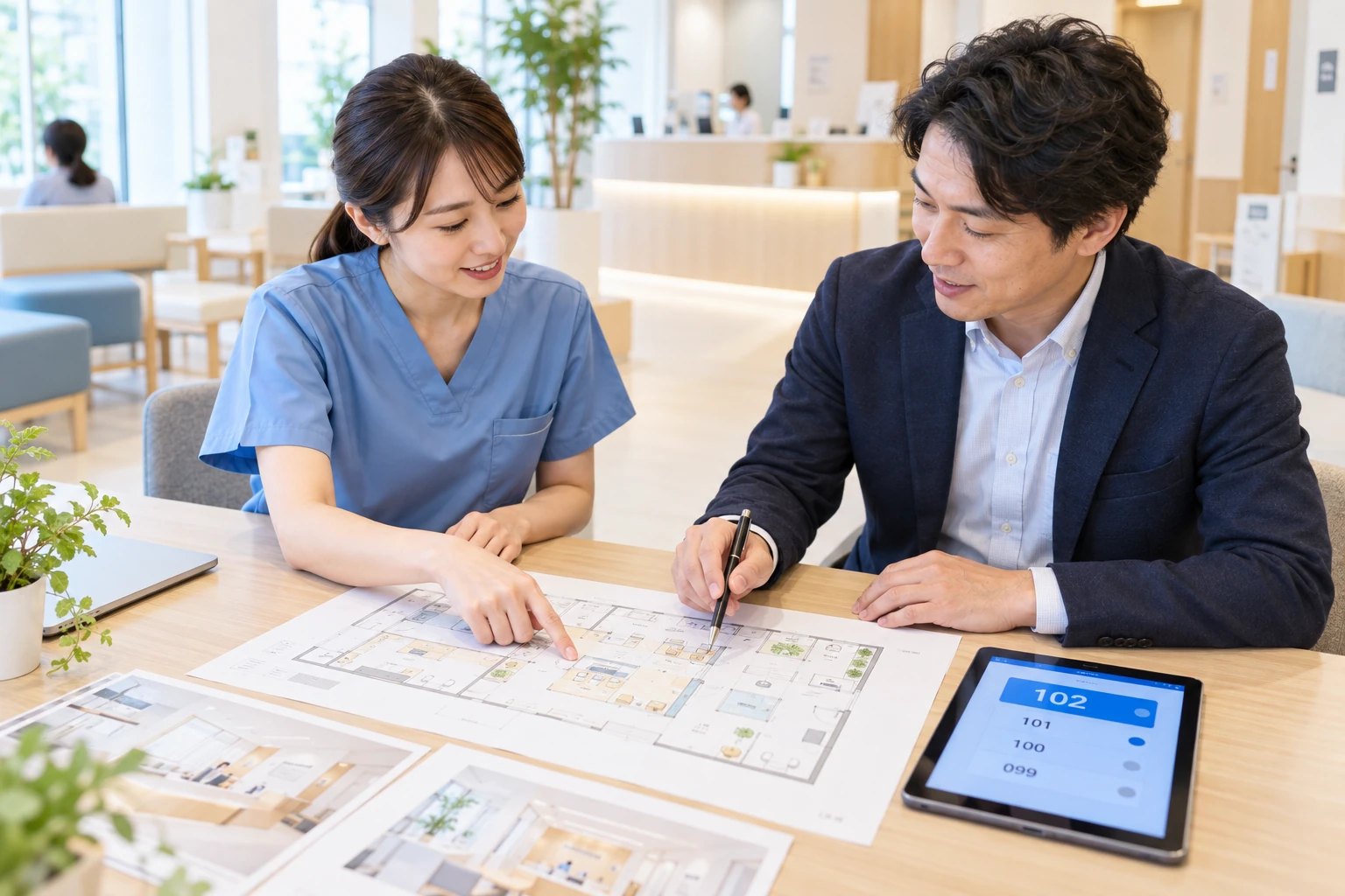 院内図面を見ながら施設に合う運用を相談するイメージ