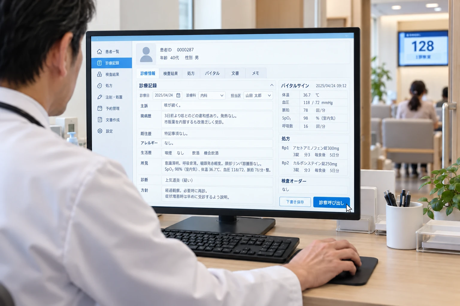 電子カルテ画面内のボタンから診察番号を呼び出すイメージ