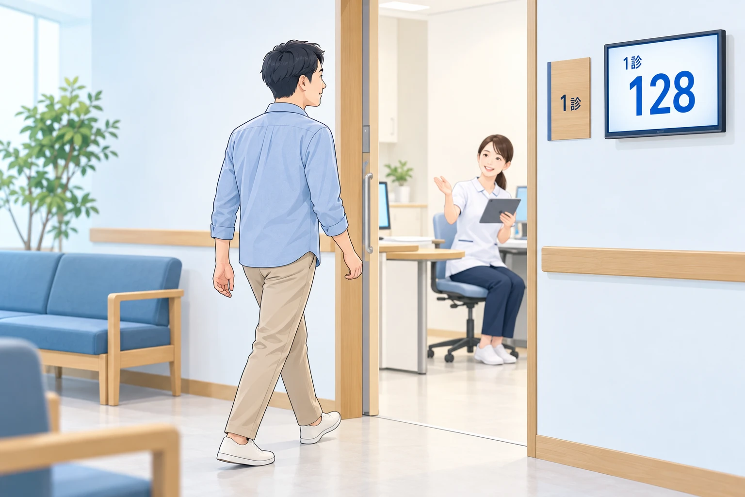番号表示を確認して診療室へ向かう患者様のイラスト