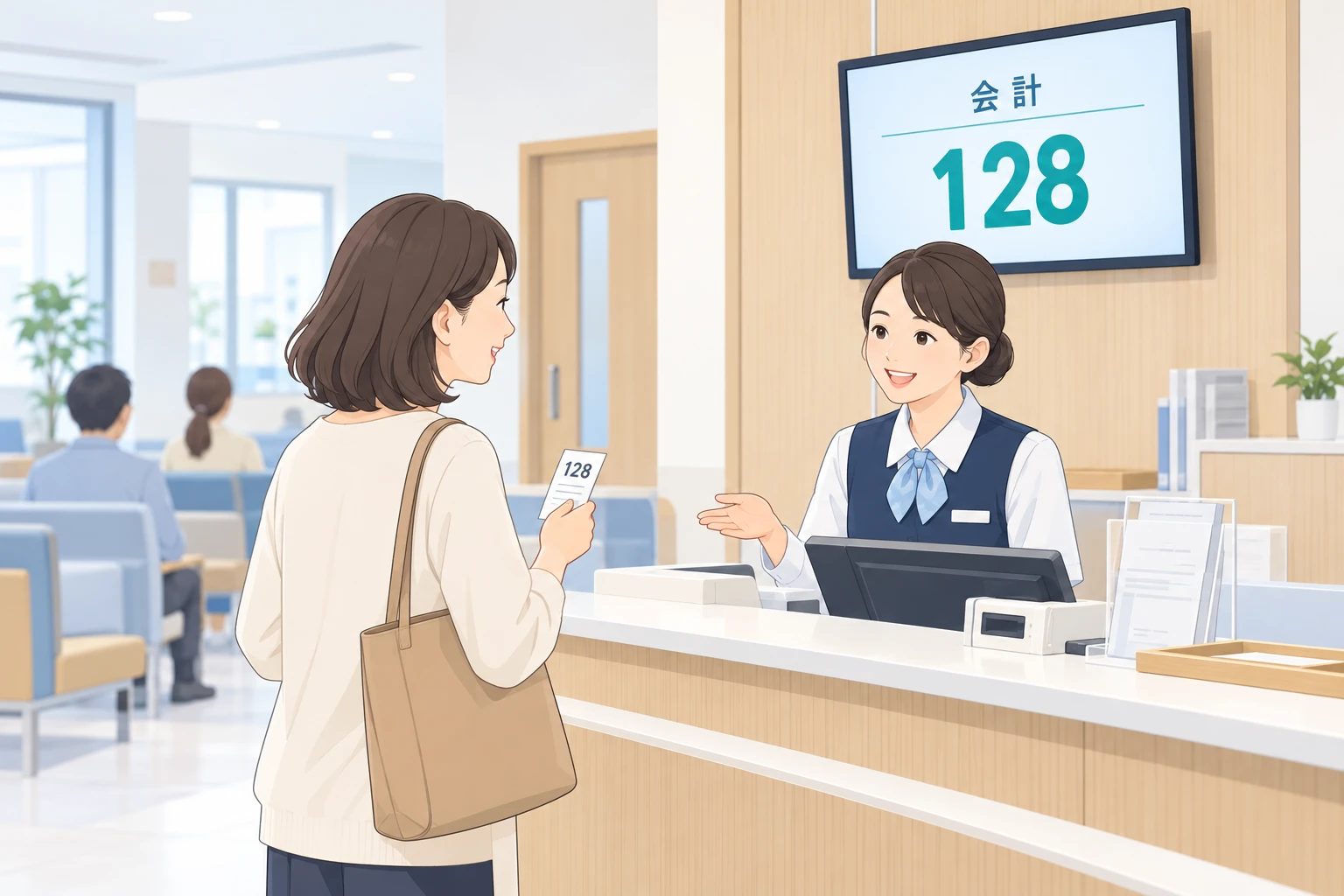 会計呼び出し番号を見て窓口に向かう患者様のイラスト