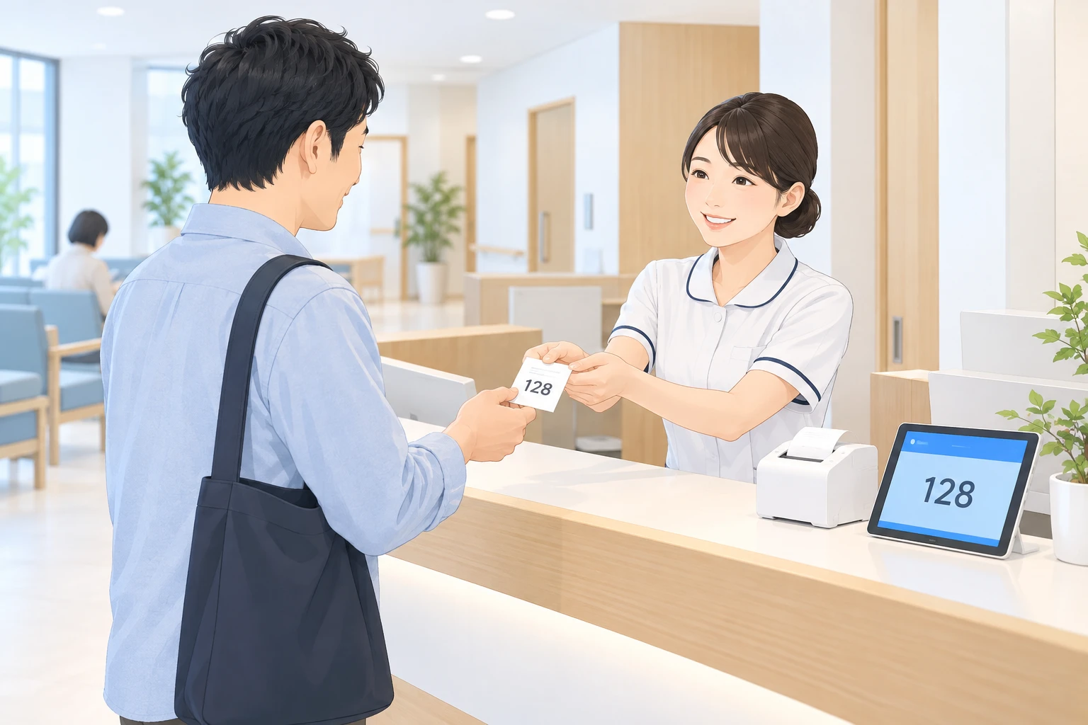 受付で患者様が番号券を受け取るイラスト