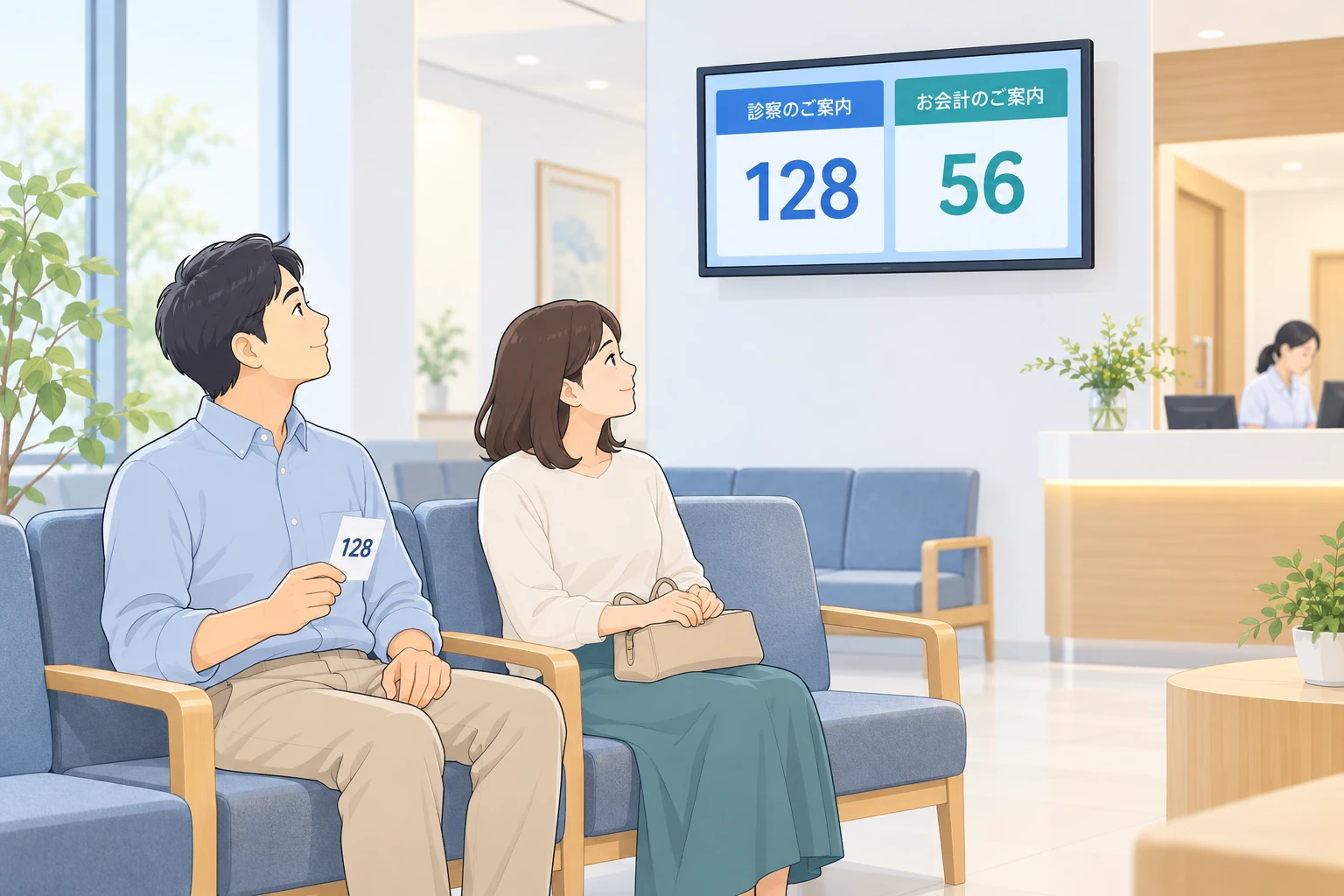 患者様が待合室の番号表示を確認するイラスト
